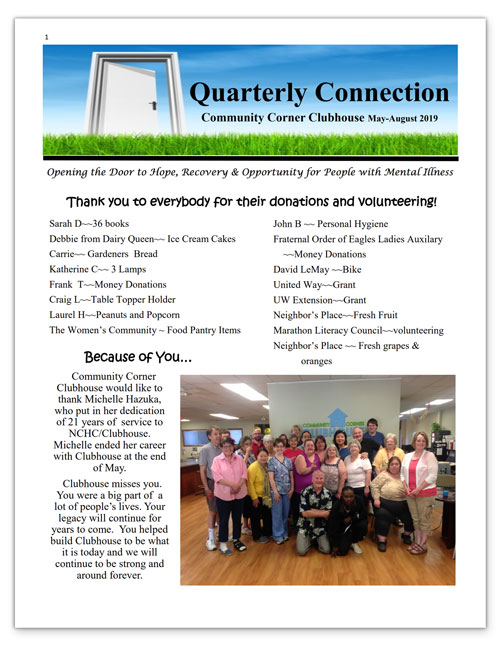 Community Corner Clubhouse May-August 2019 Newsletter